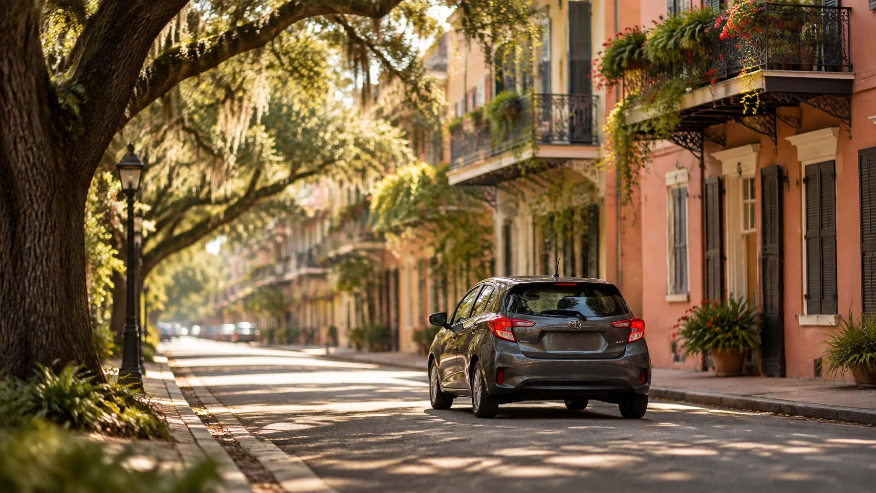 Compact rental car driving through a leafy New Orleans neighborhood