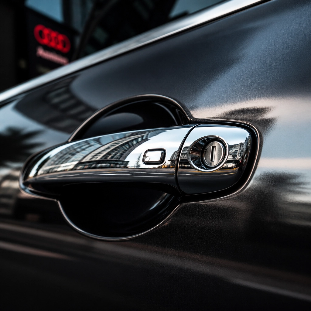 A sleek car door handle reflecting a city street, emphasizing the professional quality of managed vehicles.