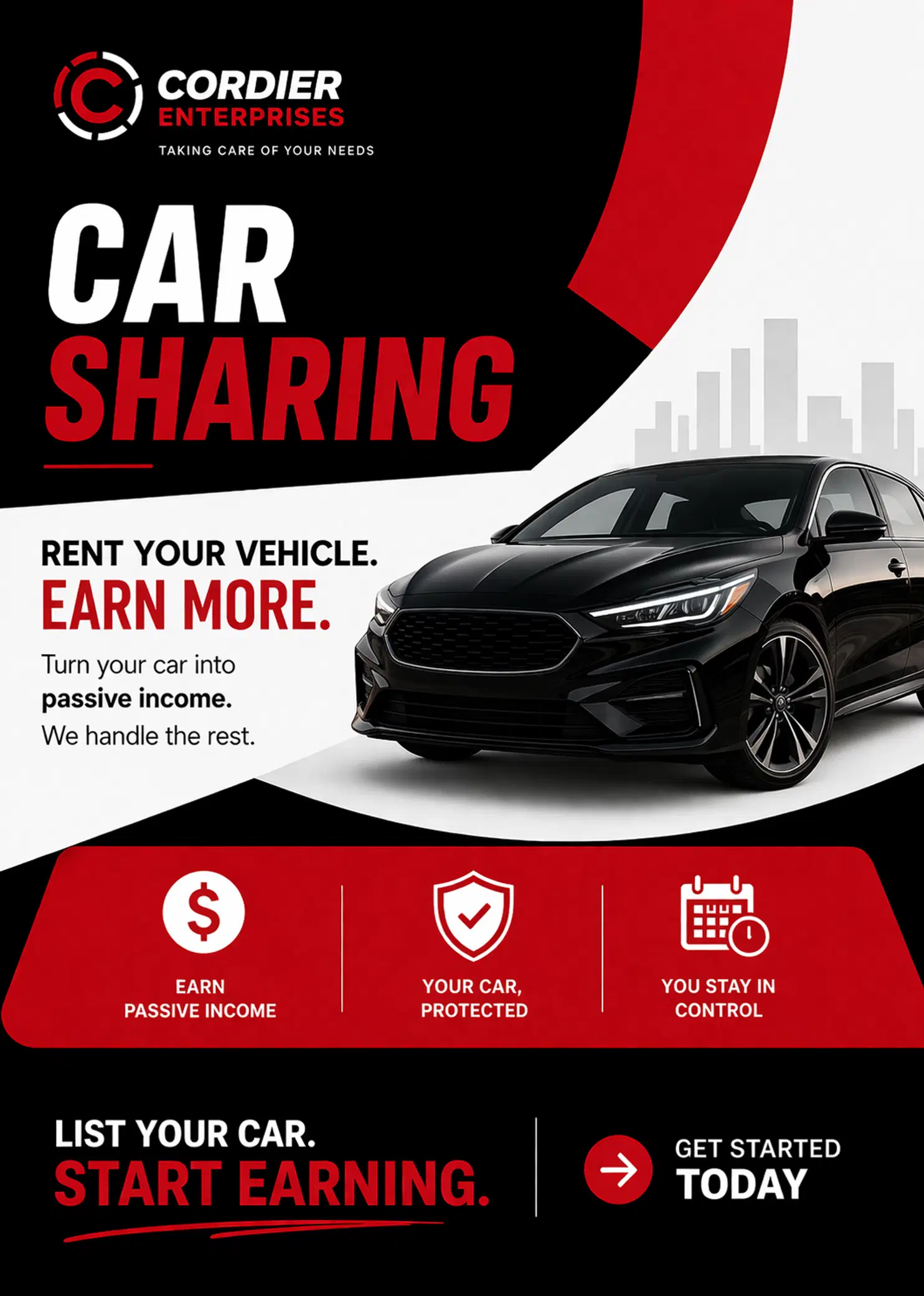 Cordier Enterprises car-sharing promotion highlighting passive income and owner control