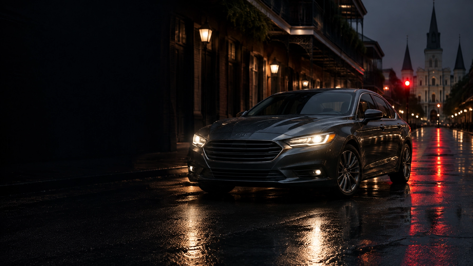 Charcoal sedan on a wet city street at dusk