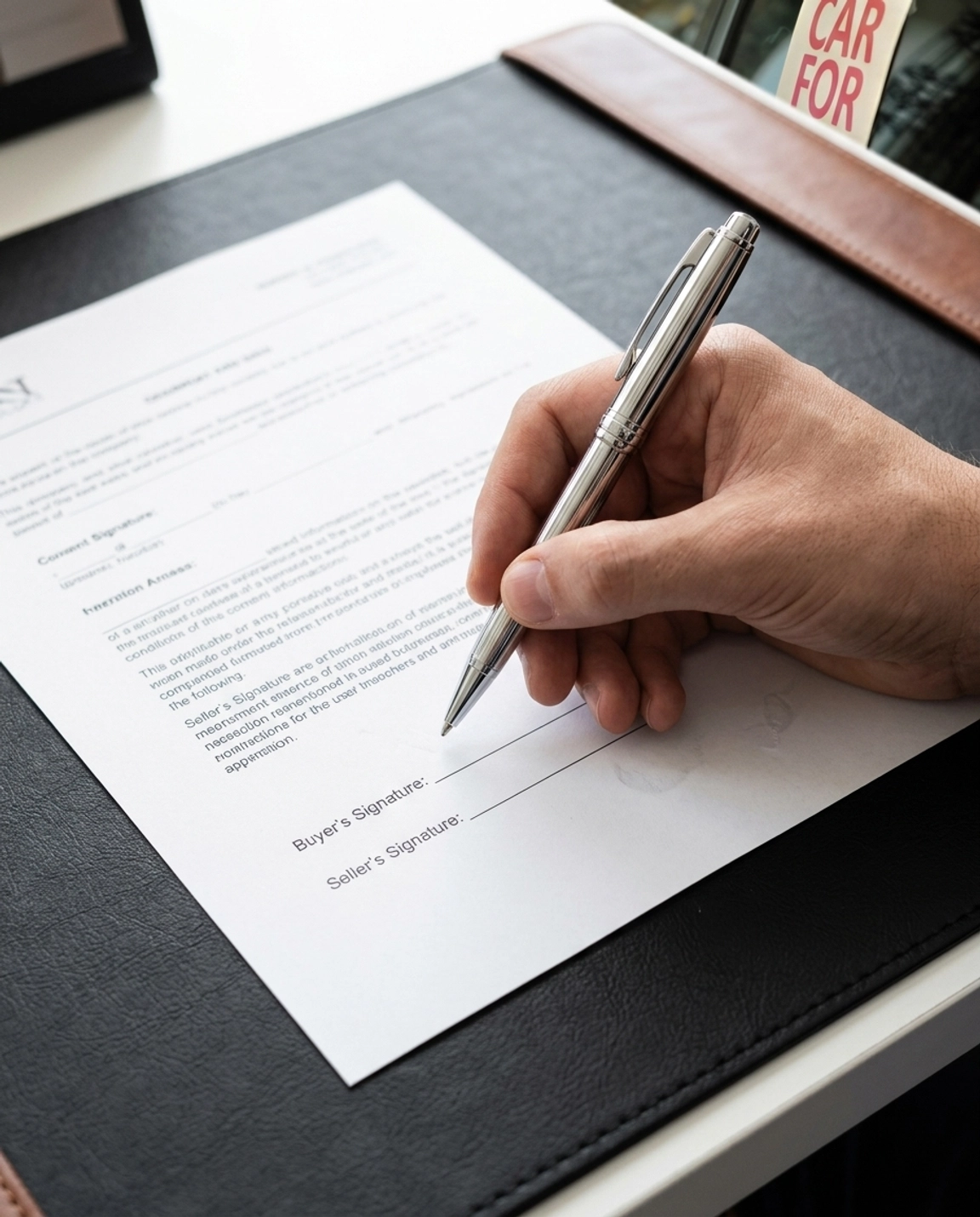A hand poised to sign a crisp white document on a textured black leather desk pad.