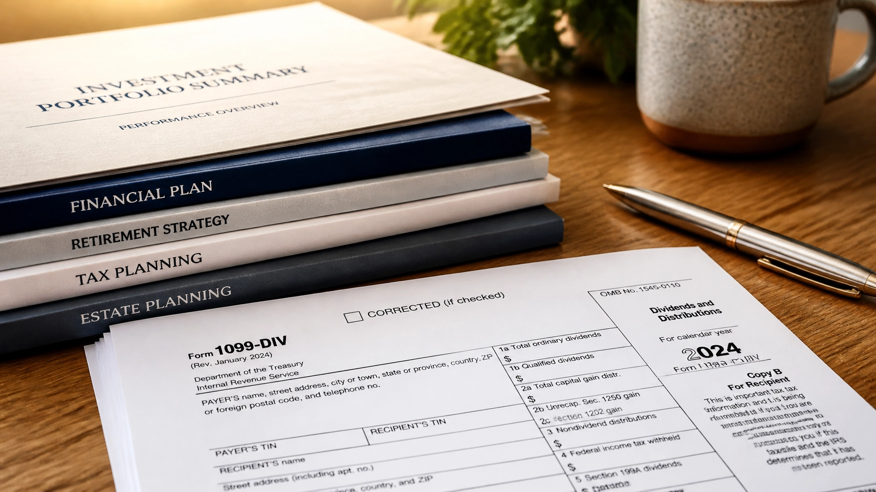 A stack of financial documents and a 1099 form, representing the organized and professional financial side of fleet management.