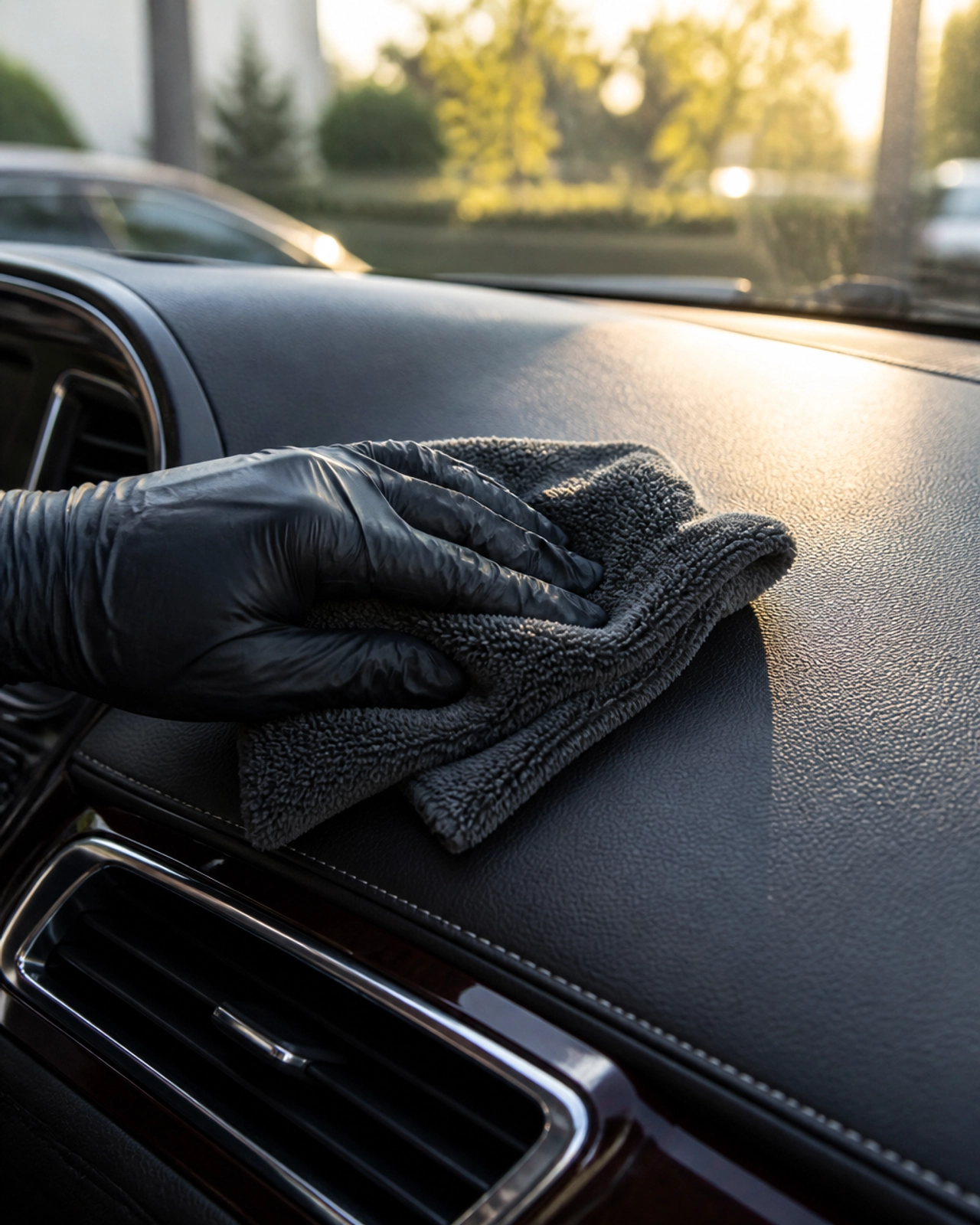 A professional detailer cleaning a car's interior, showing the level of care provided in fleet management.